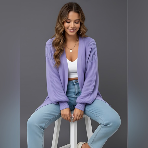 Drop Shoulder Ribbed Knit Duster Cardigan Purple - Picture 2 of 8